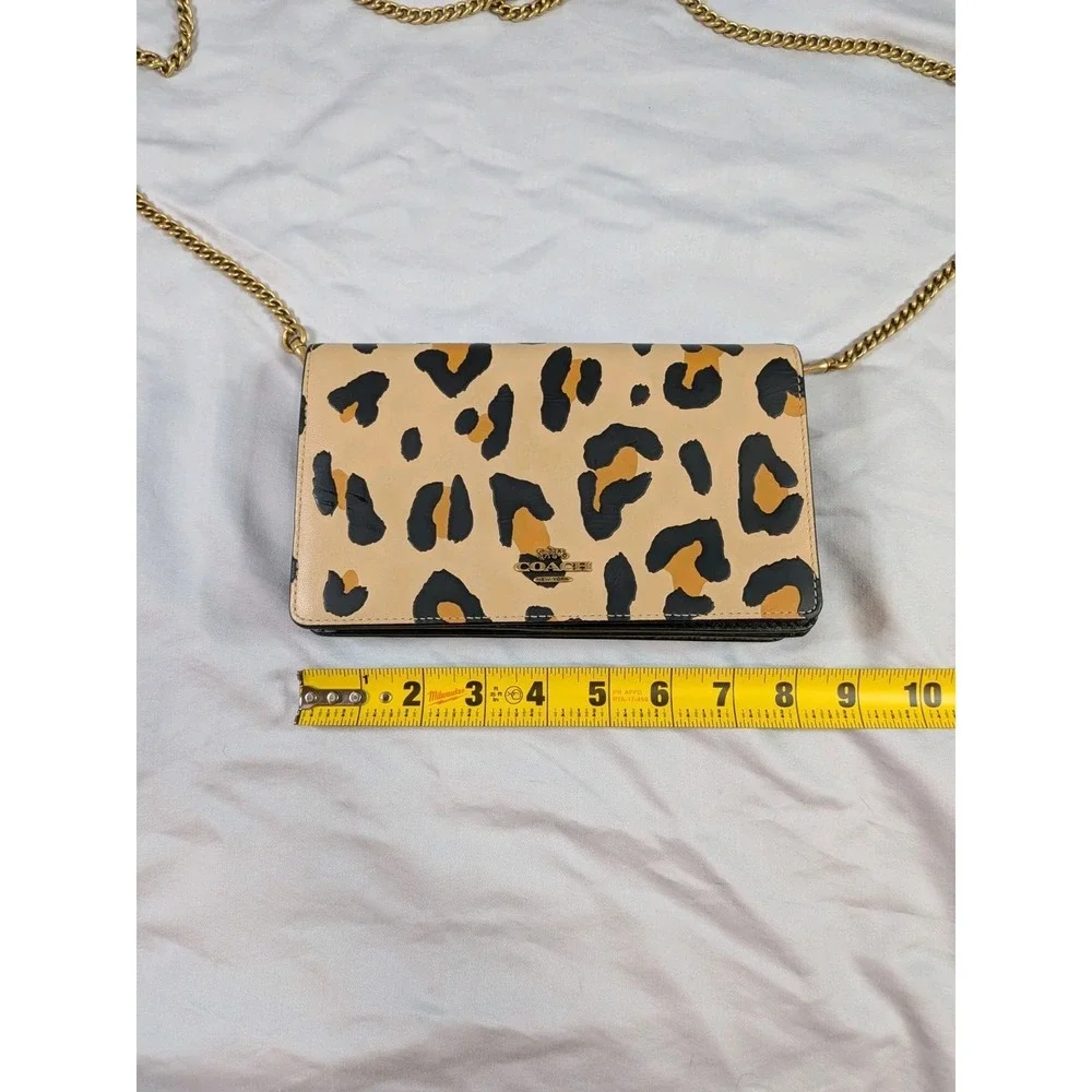 Coach Callie Foldover Chain Clutch Leopard Print Wallet Crossbody Brass Leather - Picture 7 of 9